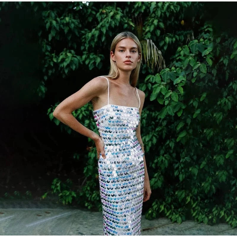 L / silver W-S1173A Sexy Backless Sequined Strap Tube Top Dress Solid Straight Long Vestidos Slip Evening Robe