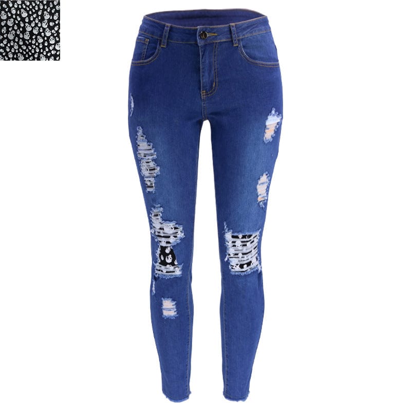 L / Skull -Dark Blue 9136 New fashion spring fall 2023 women clothes casual floral patches ladies denim trousers ripped jeans legging women's jeans