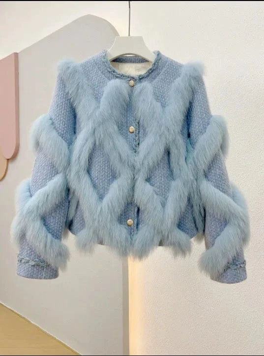 L / Sky Blue 2023 New Short Fox Fur Coat Women's Small Sweet Style Slimming Coat