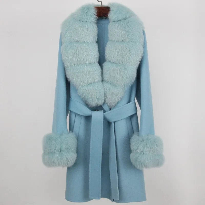 L / Sky Blue Cashmere Coat Women's Mid-Length 2023 Autumn And Winter New Fox Fur Collar Slim-Fit Woolen Coat