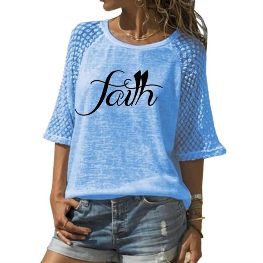 L / Sky Blue Fashion Faith Letters Print Lace Crew Neck T Shirt T Shirt For Women Top T Shirt Women Graphic Tees Women Streetwear Summer