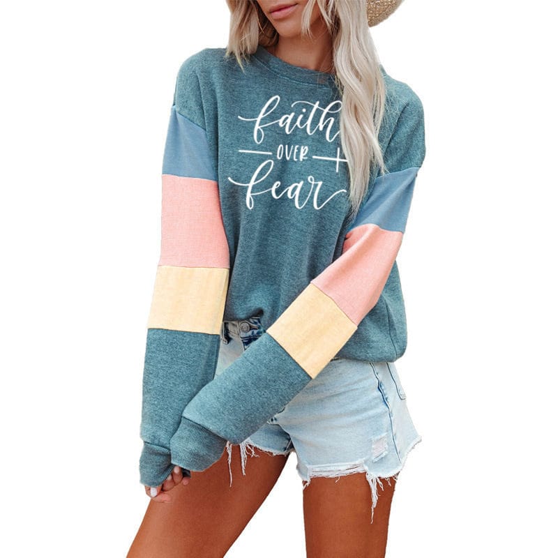 L / Sky Blue Patchwork Fashion Women Sweatshirt Casual Long Sleeve Pullover Faith Print Crewneck Women logo hoodie  Sweatshirt