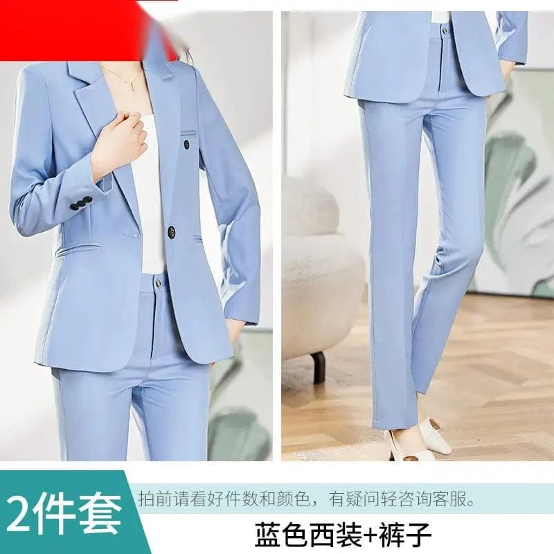 L / Sky Blue S-4XL Long sleeved Professional Suit and Pants Formal Set Interview Sales Workwear