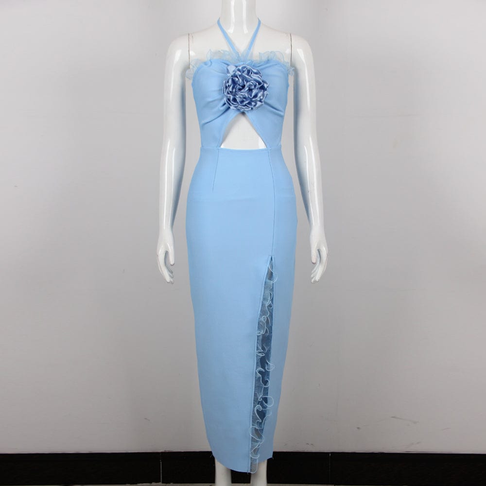 L / Sky Blue Sexy Women 3D Floral Halter Bandage Dress Summer Holiday Vacation Long Casual Dress