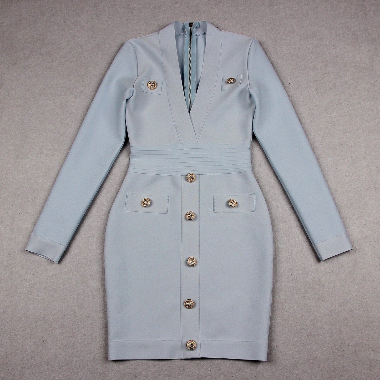 L / Sky Blue White Women Bandage Deep V-Neck Buttons Mini Dresses Office Long Sleeve Evening Party Clothing