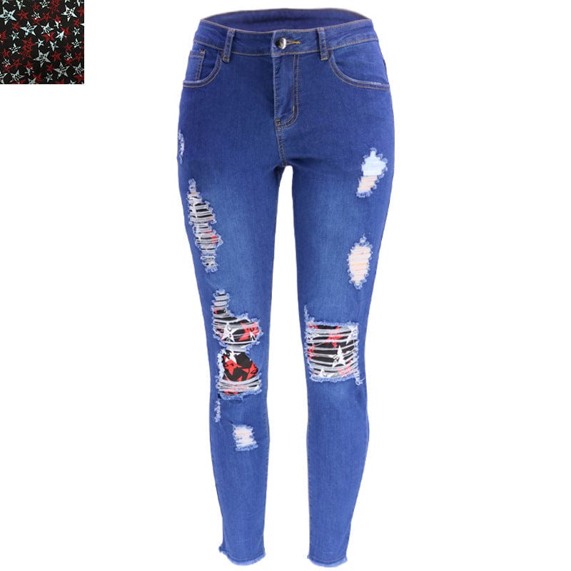 L / Star -Dark Blue 9136 New fashion spring fall 2023 women clothes casual floral patches ladies denim trousers ripped jeans legging women's jeans