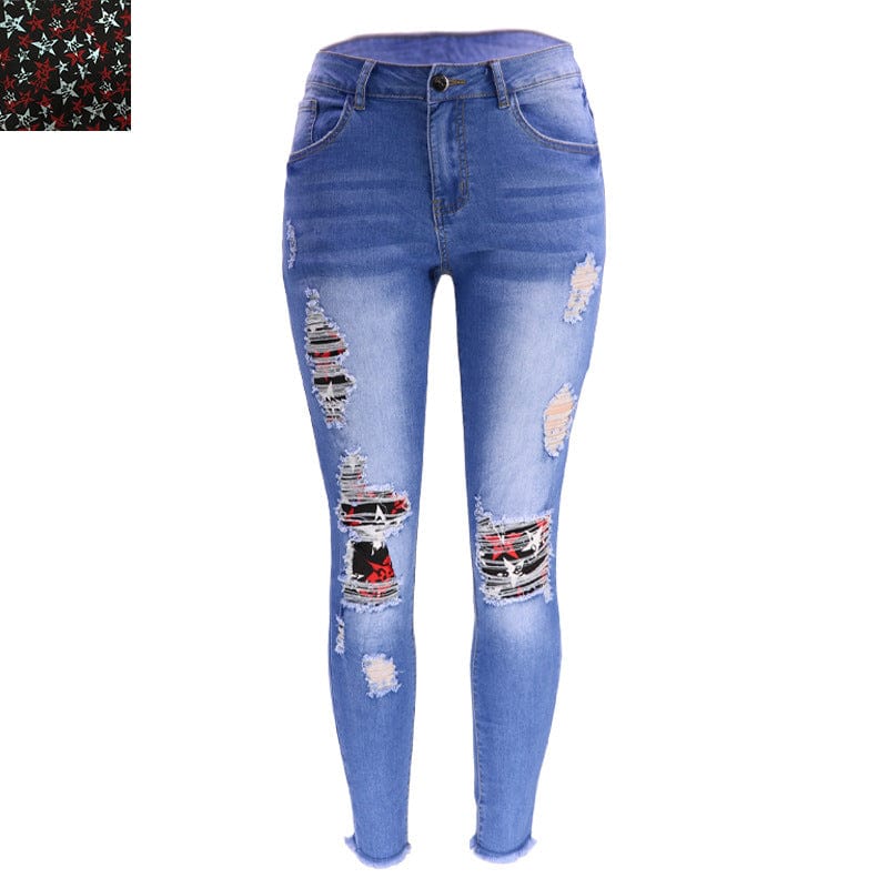 L / Star-Light Blue 9136 New fashion spring fall 2023 women clothes casual floral patches ladies denim trousers ripped jeans legging women's jeans