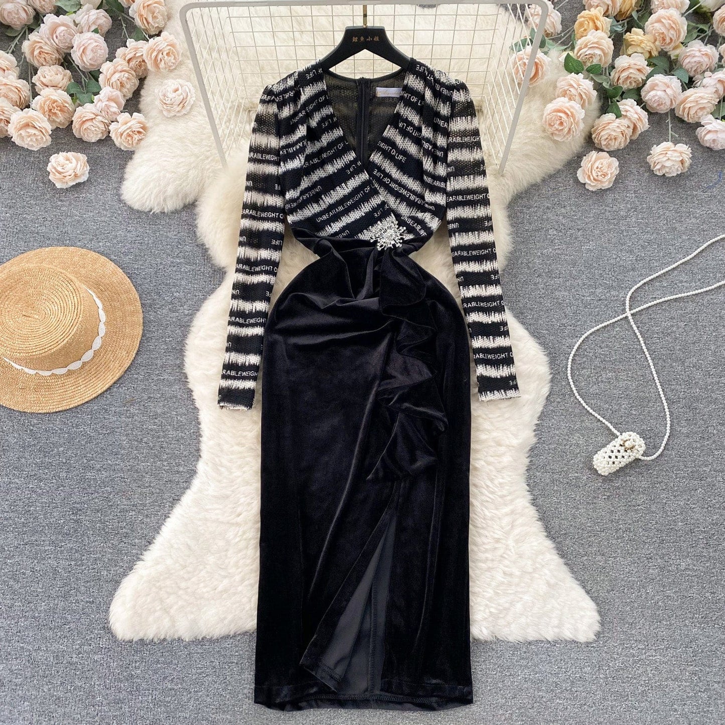 L / stripe Fall Romantic Slit Sheath Midi Dress For Women Empire Patchwork Mesh Dresses Ladies Elegant Dresses Clothes Women