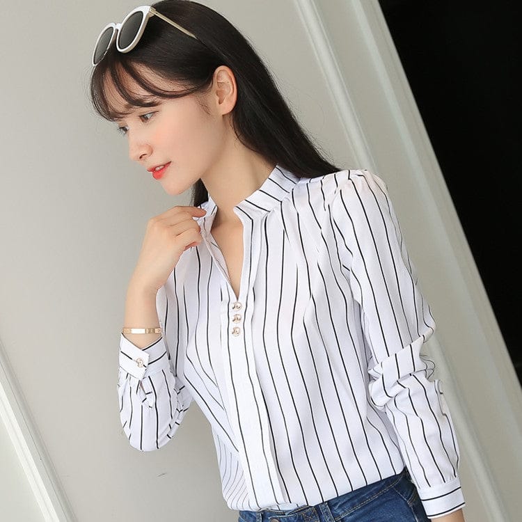 L / Striped colors 2023 Women Tops And Blouses Stripe Print Elegant Long Sleeve Office Lady Work Wear Shirts Female Slim Blusas