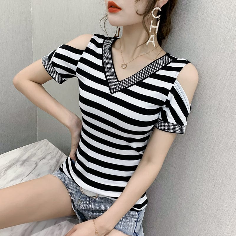 L / Striped Summer 2022 T-Shirt Women Sexy Off-shoulder V-neck Handmade Diamonds Beading Striped Women Tops Tees Short Sleeve New T25404