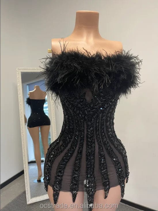 L / TH0826073black Ocstrade Off The Shoulder Glitter Full Body Rhinestone Blue Colour Club Dress Elegant Feather Birthday Dresses For Girls 21Th