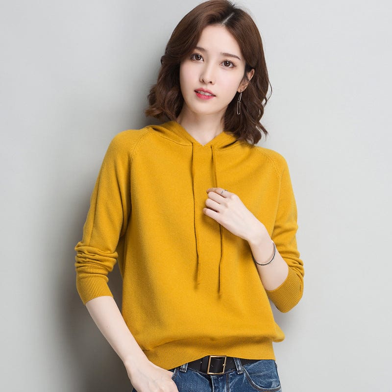 L / Turmeric Spring New Hooded Sweater Women's Loose Casual Knitted Base Shirt Thin Coat