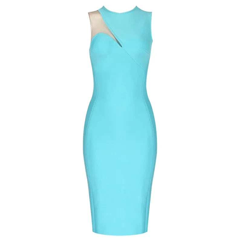 L / Turquoise Fashionable slanting o-neck net gauze thin charm bandage dress social evening dress 5 colors