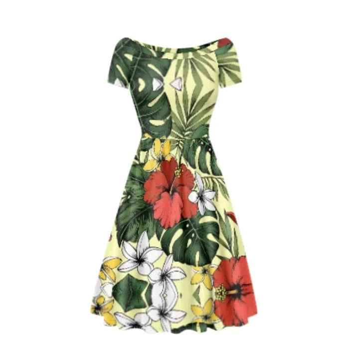 L / VB230822-17 Beautiful Tie Dye Flowers Printed Women's Vintage Short Sleeve High Waist Flared Midi Casual Summer Party Wear Dresses for Women