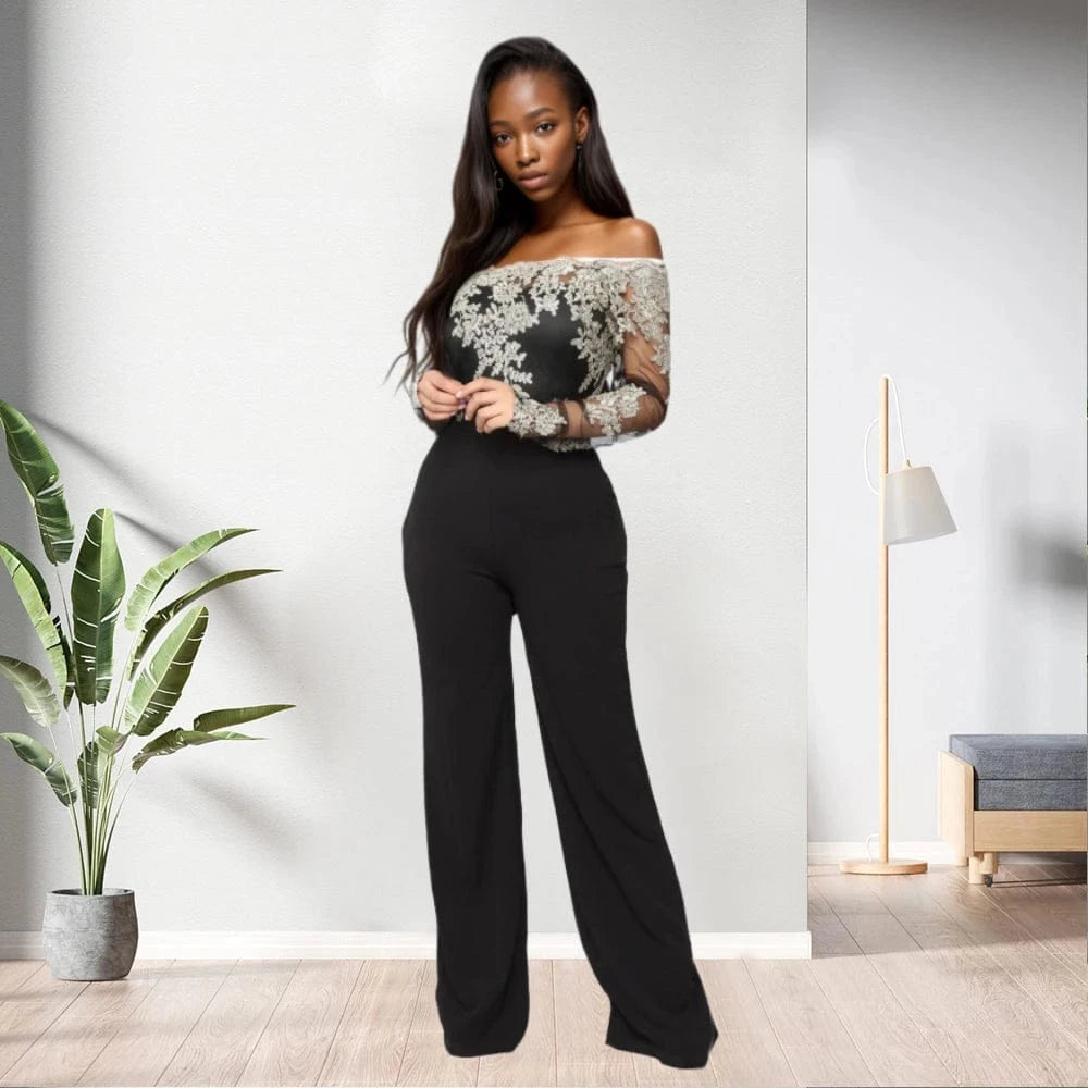 L / white and black 81020-MX40 5 colors lace top off the shoulder long jumpsuit women