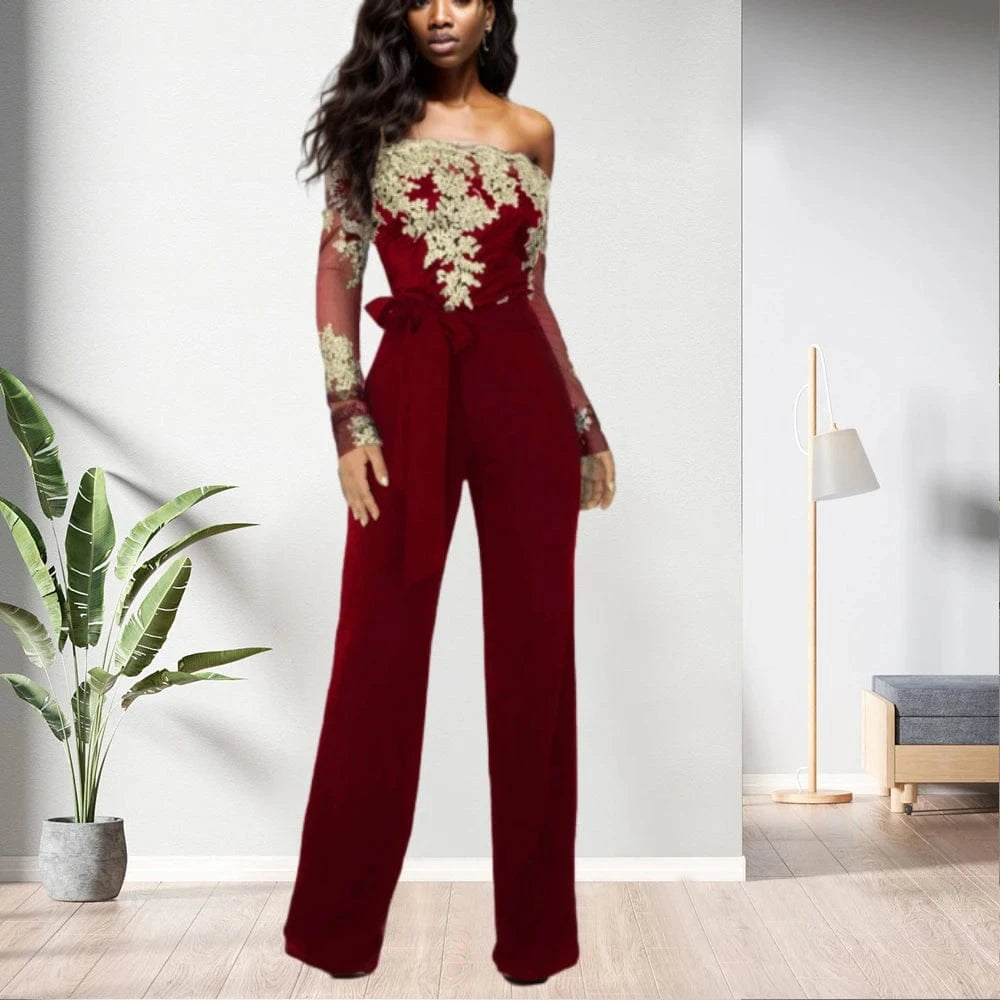 L / white and red 81020-MX40 5 colors lace top off the shoulder long jumpsuit women