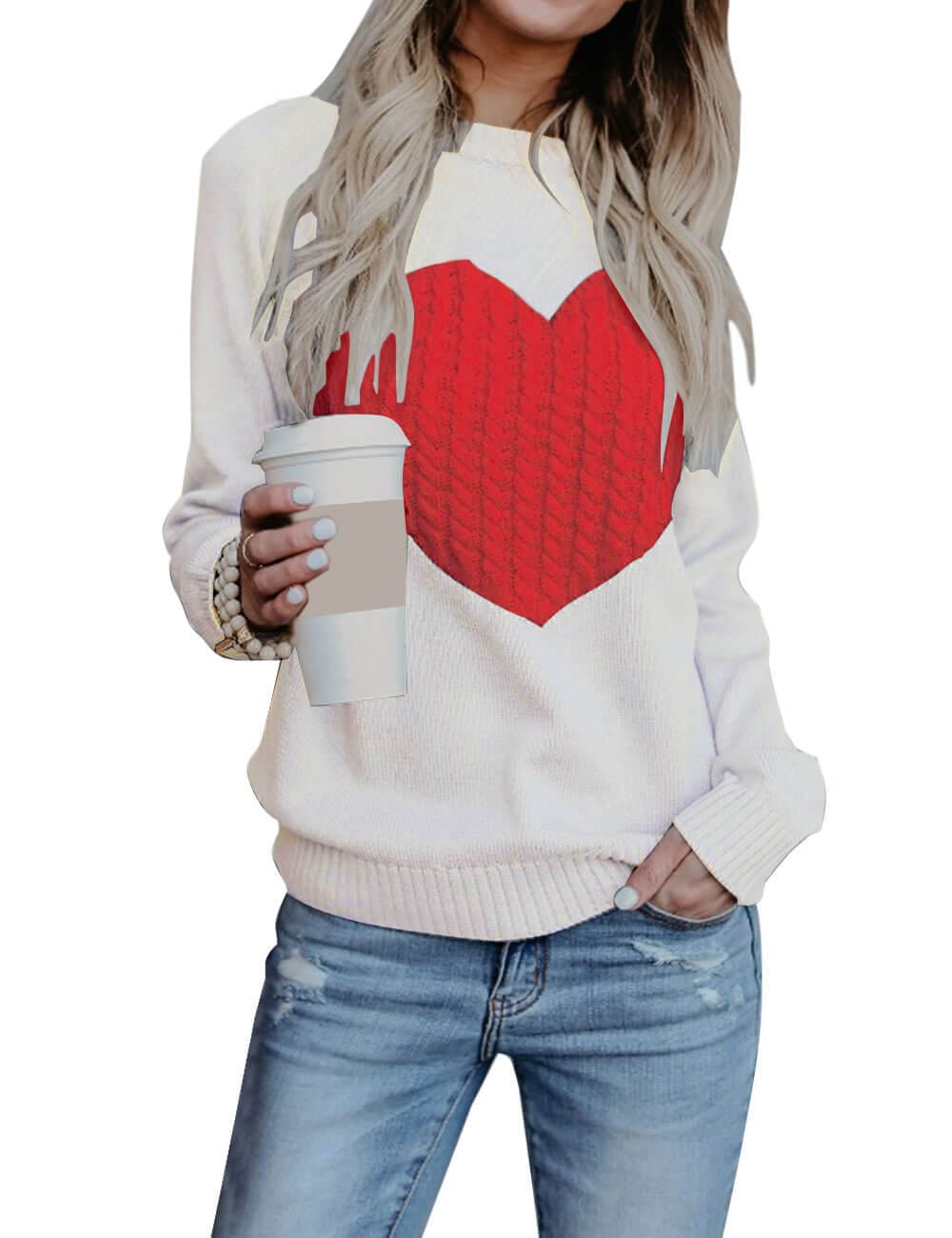L / White and Red Autumn Winter Matching New Women's Knitwear Round Neck Fashion Pullover Love Sweater For Women
