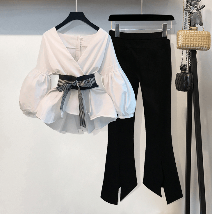 L / White Autumn V Neck Puff Sleeves Print Striped Sashes Lady Two Pieces Sets