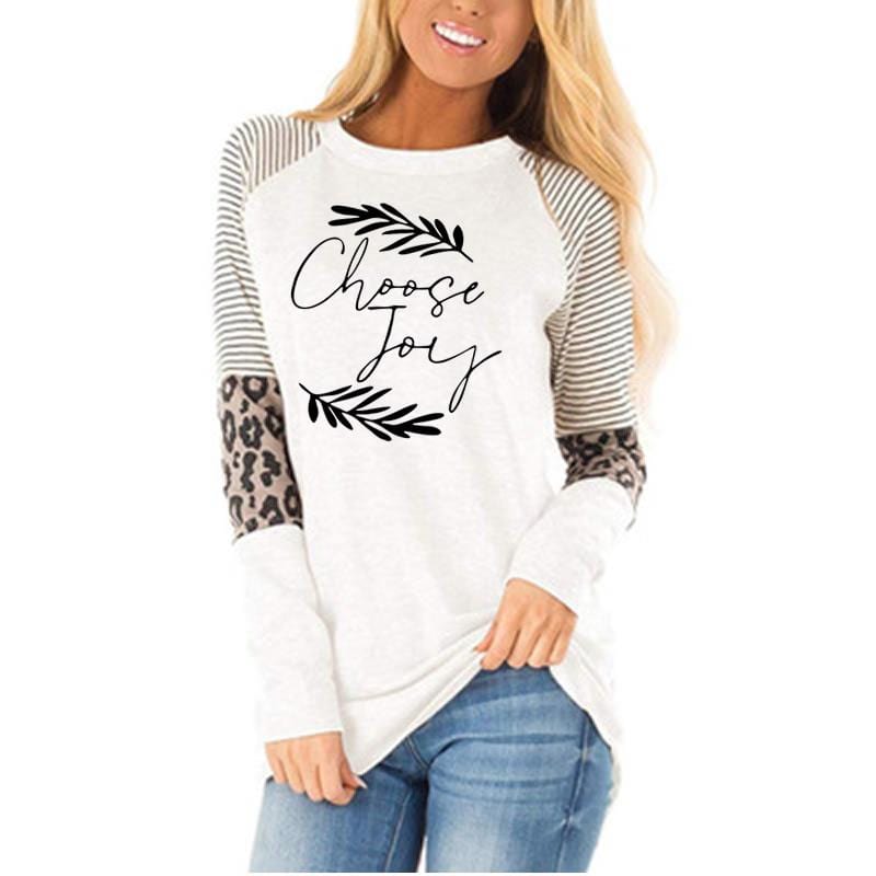 L / White Autumn Winter Leopard stitching long sleeves high quality hotsell women loose casual blouse oversized Women's T-Shirts