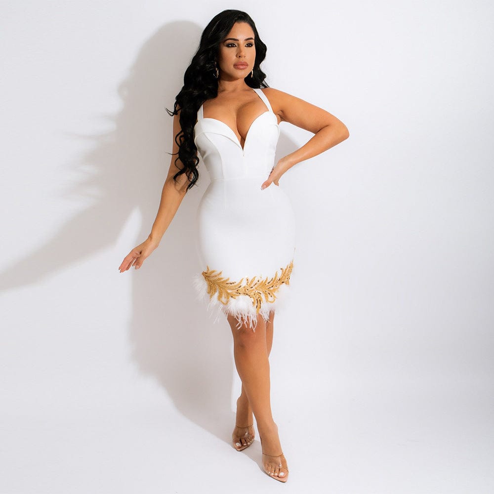 l / White Backless V Halter Fashion Sequins Thin Long Feather Package Hip Bandage Dresses Women's Dresses