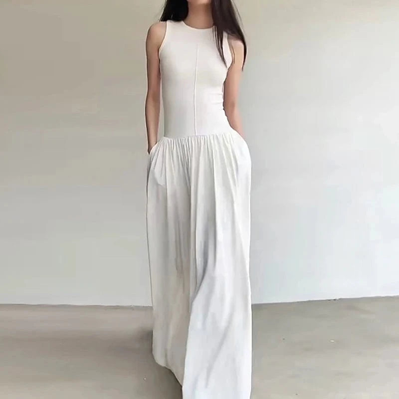 L / White CHICEVER Casual Elegant Round Neck Sleeveless High Waist Spliced Pockets Lady Women Long Dresses