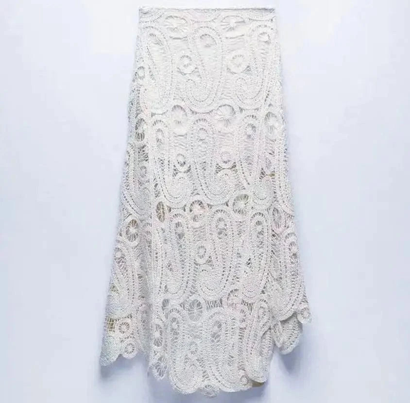 L / White CHICEVER Elegant Solid Color Hollow Out Round Neck Sleeveless Long Skirts For Women