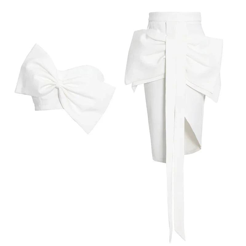 L / White CHICEVER High Quality Solid Color Patchwork Bowknot Top Strapless Women Two Piece Skirt Set
