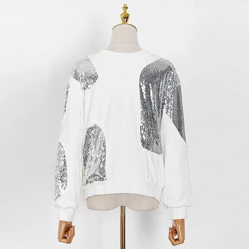 L / White CHICEVER High Quality Spliced Sequins Round Neck Long Sleeve Pullover Hoodies Cotton Hoodie