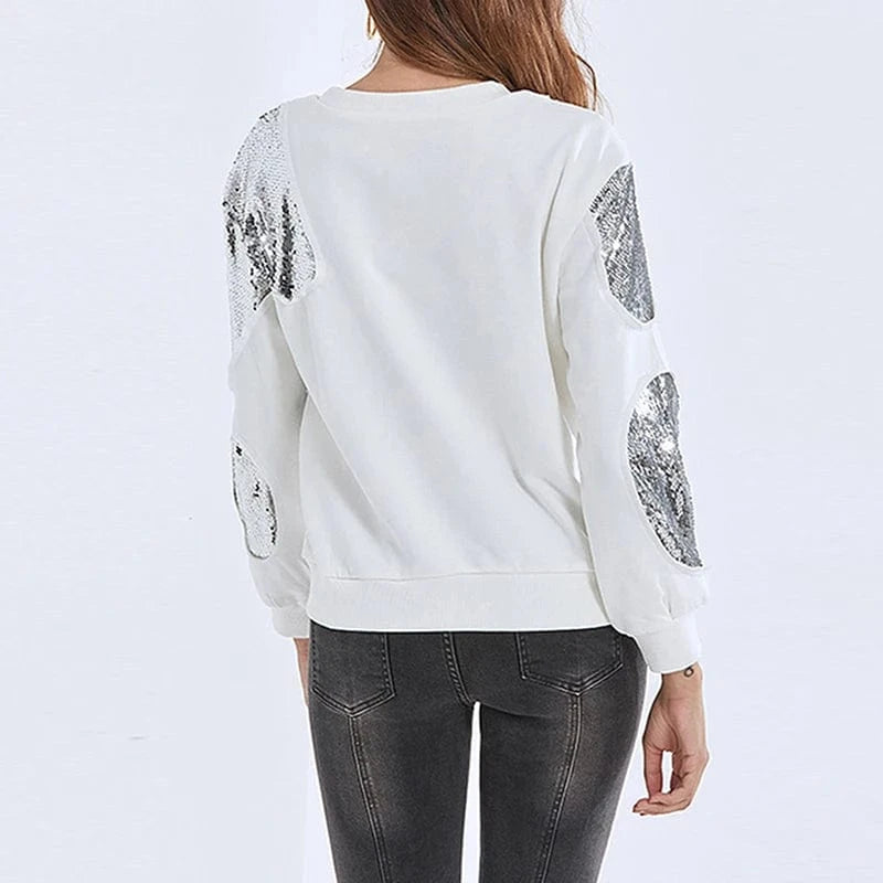 L / White CHICEVER High Quality Spliced Sequins Round Neck Long Sleeve Pullover Hoodies Cotton Hoodie
