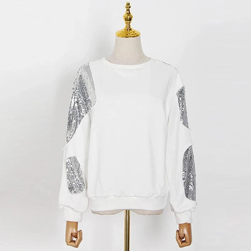 L / White CHICEVER High Quality Spliced Sequins Round Neck Long Sleeve Pullover Hoodies Cotton Hoodie