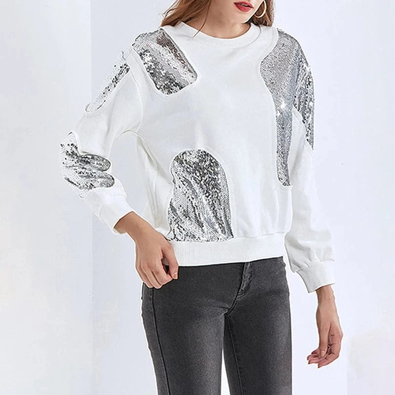 L / White CHICEVER High Quality Spliced Sequins Round Neck Long Sleeve Pullover Hoodies Cotton Hoodie