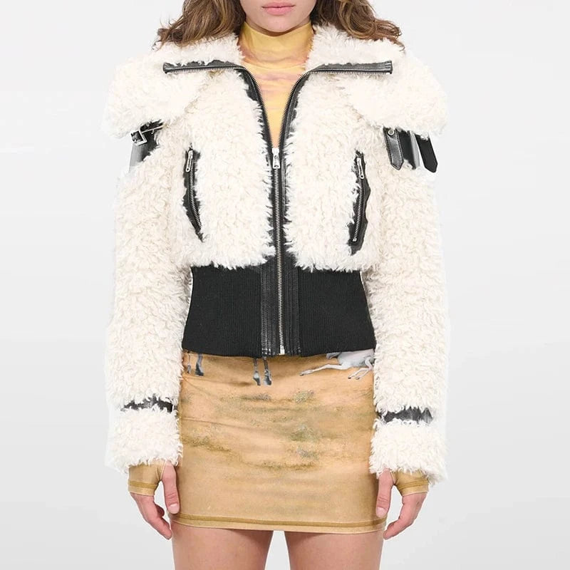 L / White CHICEVER Winter Colorblock Loose Long Sleeve Patchwork Zippers Fur Jackets For Women 2023