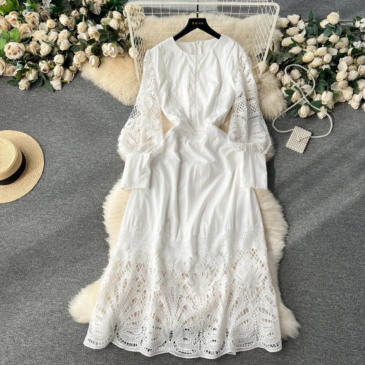 L / White Elegant Casual Fashion Dress Women's Square Neck Fluffy Sleeve Lace Embroidery Dress Autumn New