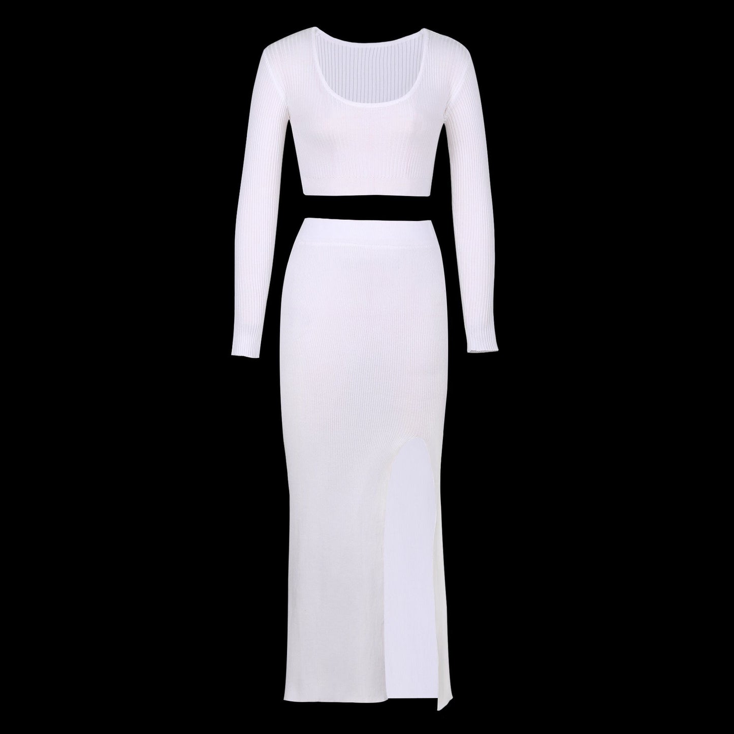 L / White Factory women clothing foreign solid color long-sleeved sweater knitting fashion sexy split long skirt 2 pieces women set