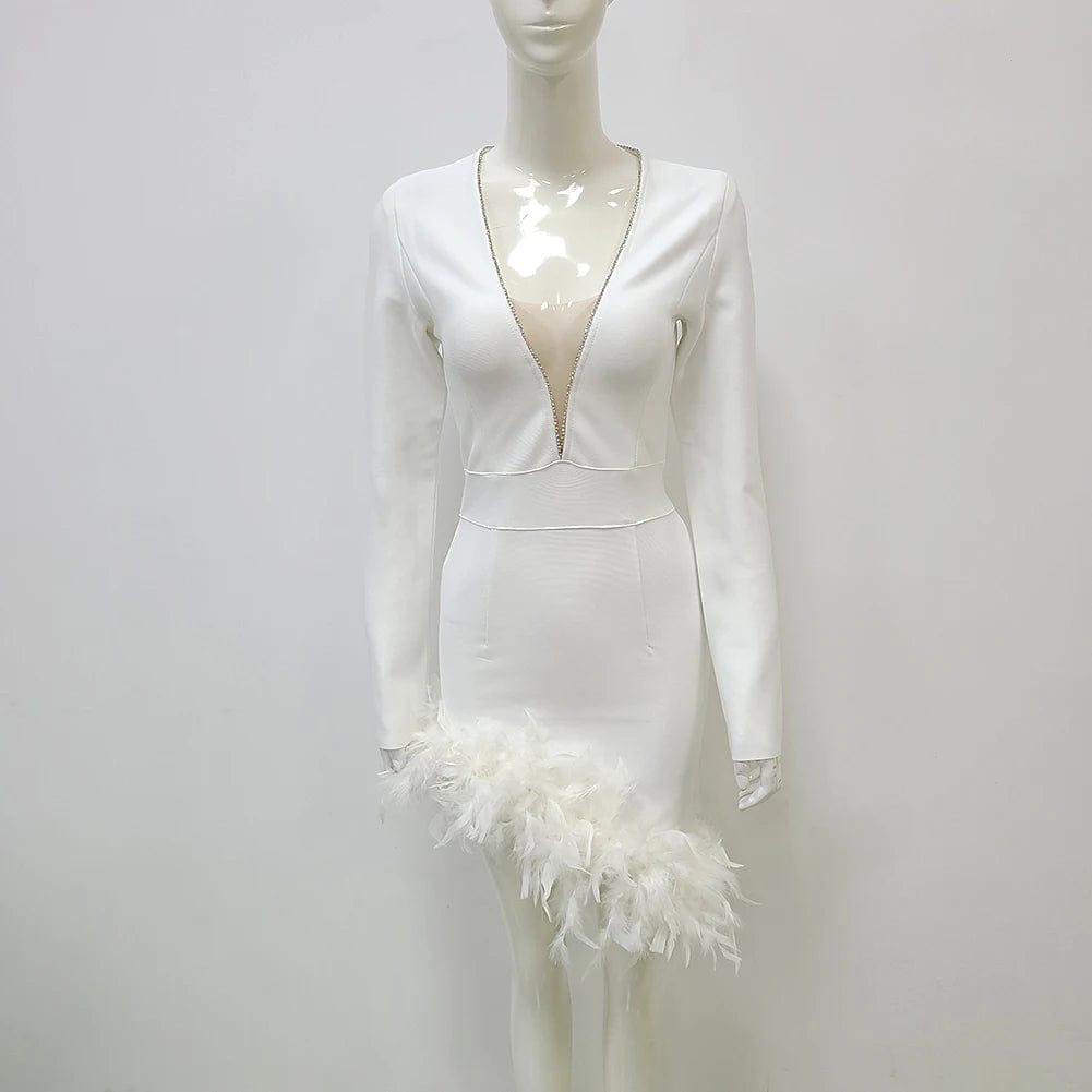 L / White Fashion Cheap Women's Celebrity Evening Club Feathers Unique Designer Women Party Dress