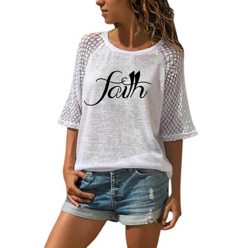 L / White Fashion Faith Letters Print Lace Crew Neck T Shirt T Shirt For Women Top T Shirt Women Graphic Tees Women Streetwear Summer