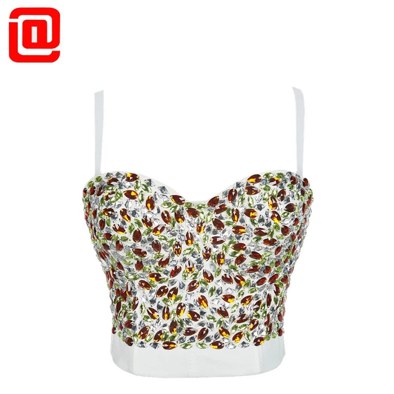 L / White green yellow New Wholesale fashion Design Ladies corset top Rhinestone decorates sling corset top for women