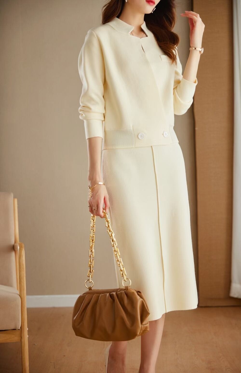 L / White High Quality Sweater Sets 2023 Spring Autumn Casual 2 Piece Set Women Knitted Cardigans+Mid-Calf Knitting Skirt Sets Khaki Black