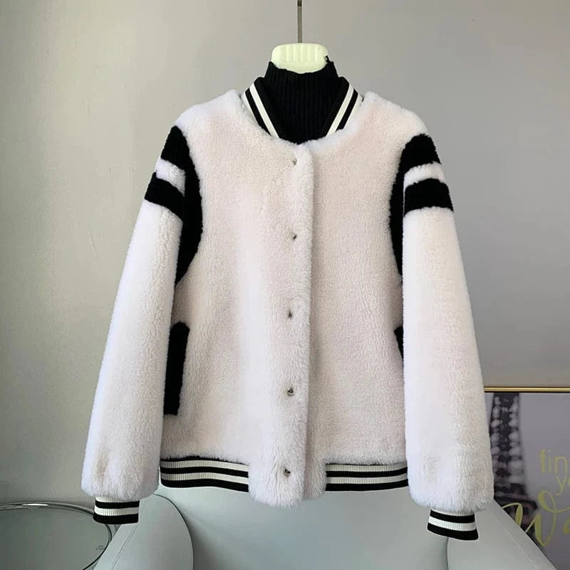 L / White JT3278 Women's Sheep Shearling Warm Baseball Coats Lady Lamb Wool Fur Jacket Winter Overcoat