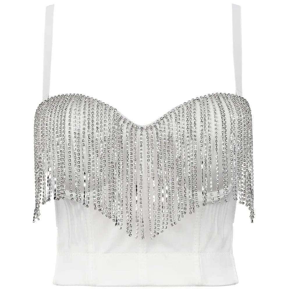 L / White Ladies Sexy Party Bling Rhinestones Corset Cropped Top Trendy Diamond Bra Camisole Tank Top