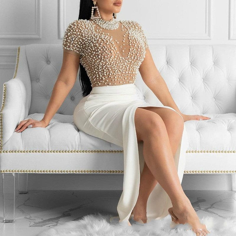 L / White Lady Elegant Party Luxurious Sexy See-Through Tulle and Beaded Pearls Turtle Neck Short Sleeve Split Women's Evening Dress