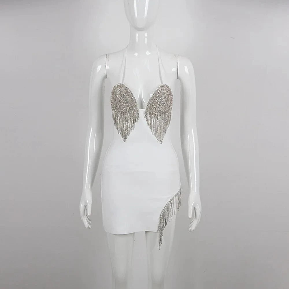 L / White New Arrivals Women's Bodycon Sexy Crystal Tassel Halter Bandage Dress Party Dresses