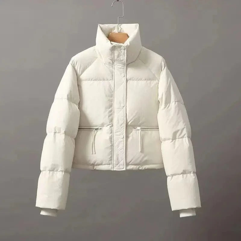 L / White New Cotton-Padded Women's Short Korean Version Stand Collar Thickened Bread Coat Cotton-Padded Women Coat