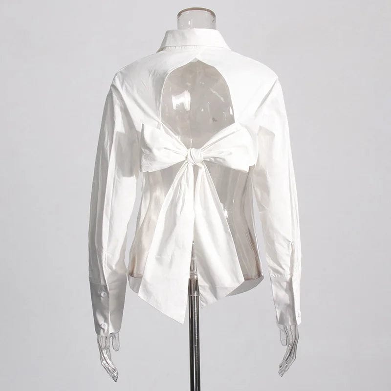 L / White OUDINA French Style Backless Shirt New Temperament Designer Hollow Strap Long Sleeve Blouses And Shirts For Women