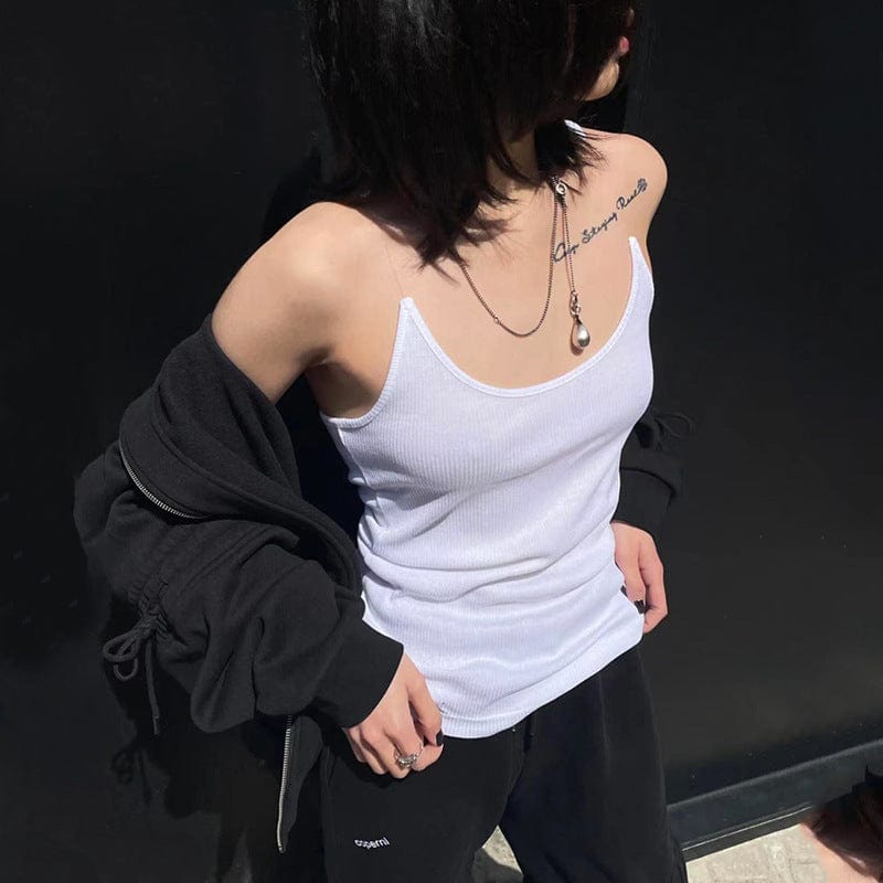 L / White OUDINA Summer Cheap High Quality Fishing Line Solid Color Elastic Female Tshirt Vest Crop Top For Women Cute Tops