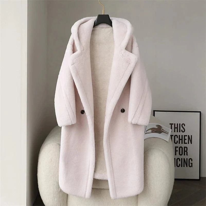 L / White PDUI Women Real Wool Fur Coat Winter Warm Female Girl Sheep Shearing Long Jacket Parka Trench OverCoat CT143