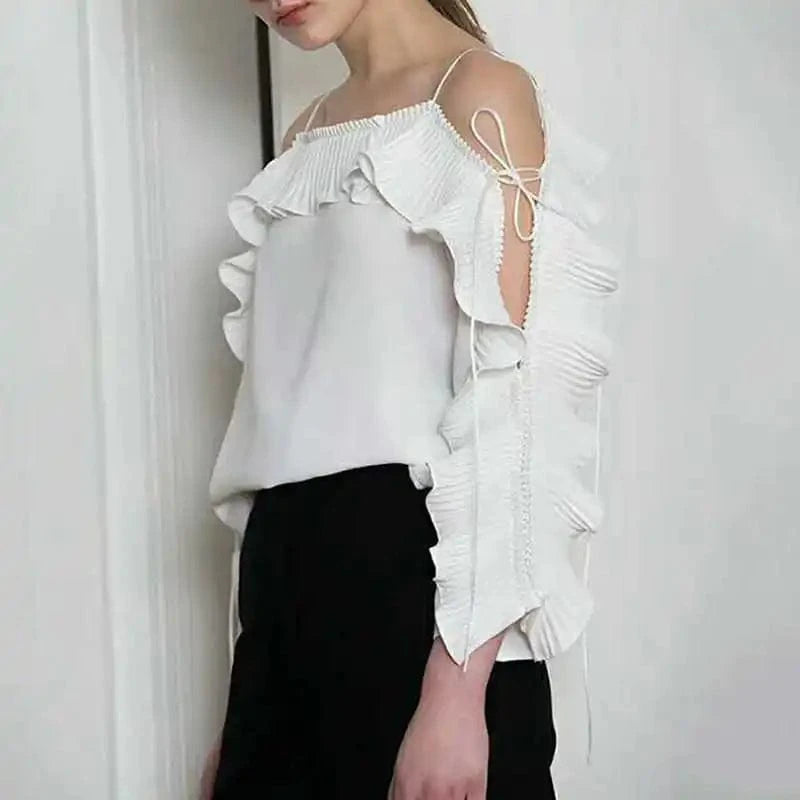 L / White / Polyester / Cotton CHICEVER Fashion Solid Color Ruffle Trim Summer Clothes Long Sleeve Women Cotton T Shirt