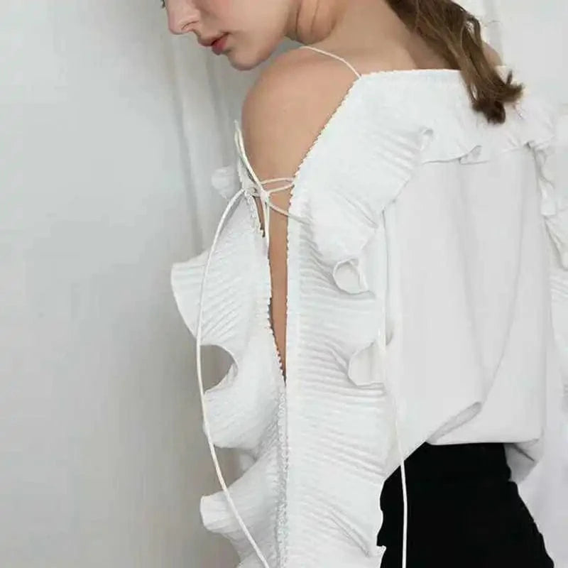 L / White / Polyester / Cotton CHICEVER Fashion Solid Color Ruffle Trim Summer Clothes Long Sleeve Women Cotton T Shirt