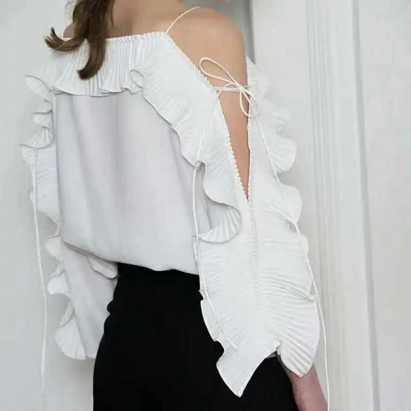 L / White / Polyester / Cotton CHICEVER Fashion Solid Color Ruffle Trim Summer Clothes Long Sleeve Women Cotton T Shirt