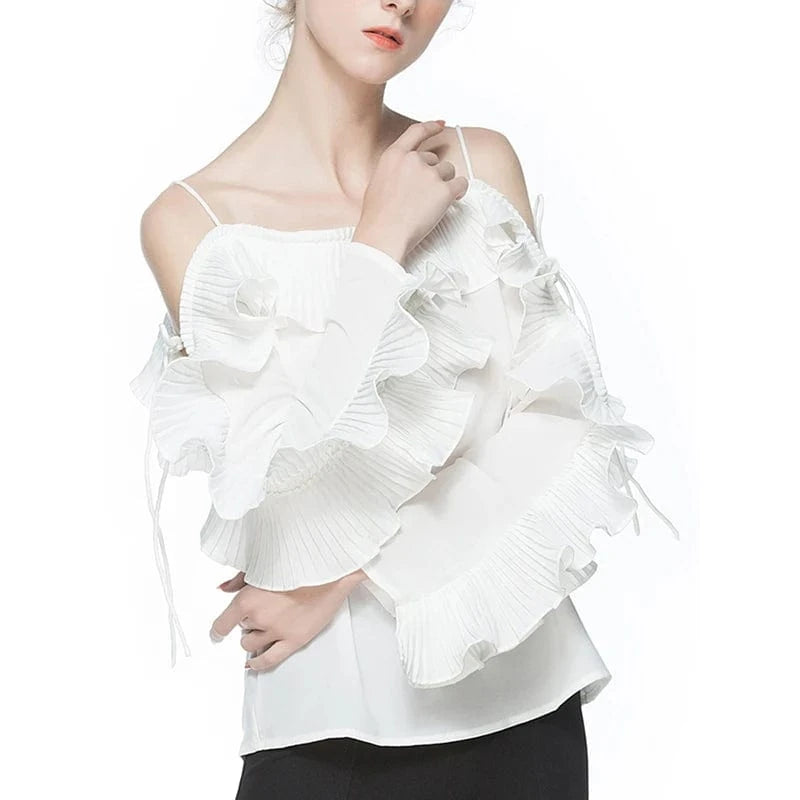 L / White / Polyester / Cotton CHICEVER Fashion Solid Color Ruffle Trim Summer Clothes Long Sleeve Women Cotton T Shirt